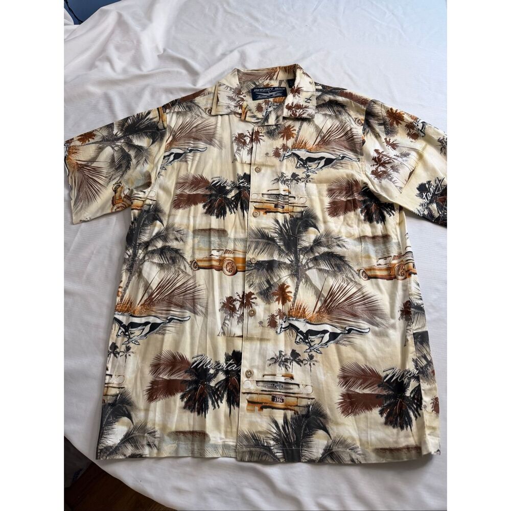 Newport Blue 1964 Ford Mustang & Palm Trees Hawaiian Aloha Camp Shirt Size Large